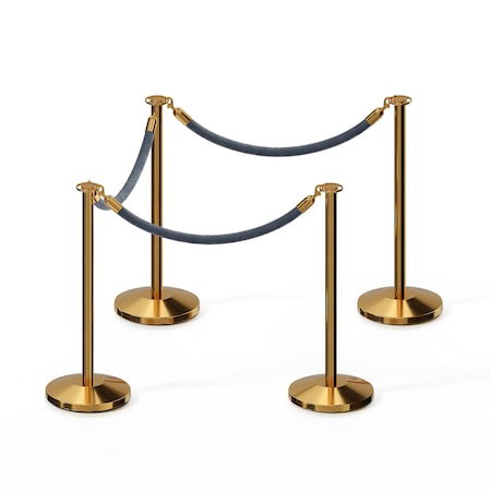 Stanchion Post And Rope Kit Pol.Brass, 4 Flat Top 3 Gray Rope